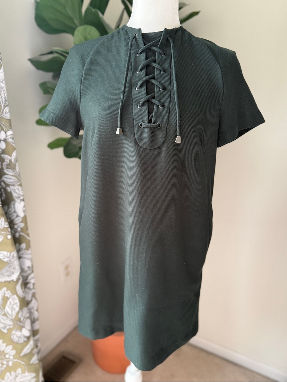 Topshop Dark Green Lace-Up Neck Shift